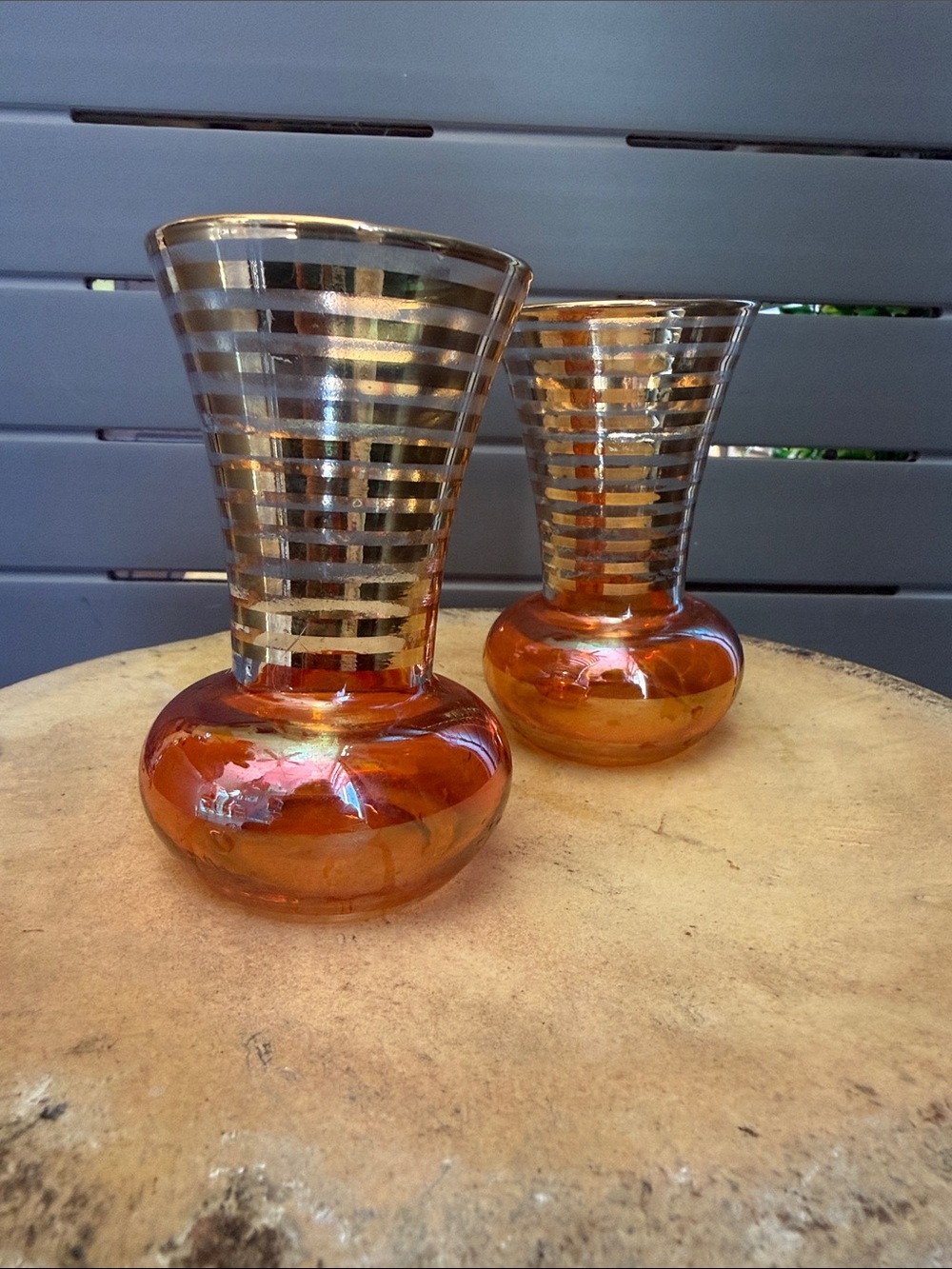 Vintage Bartlett Collins marigold iridescent carnival glass bud vases